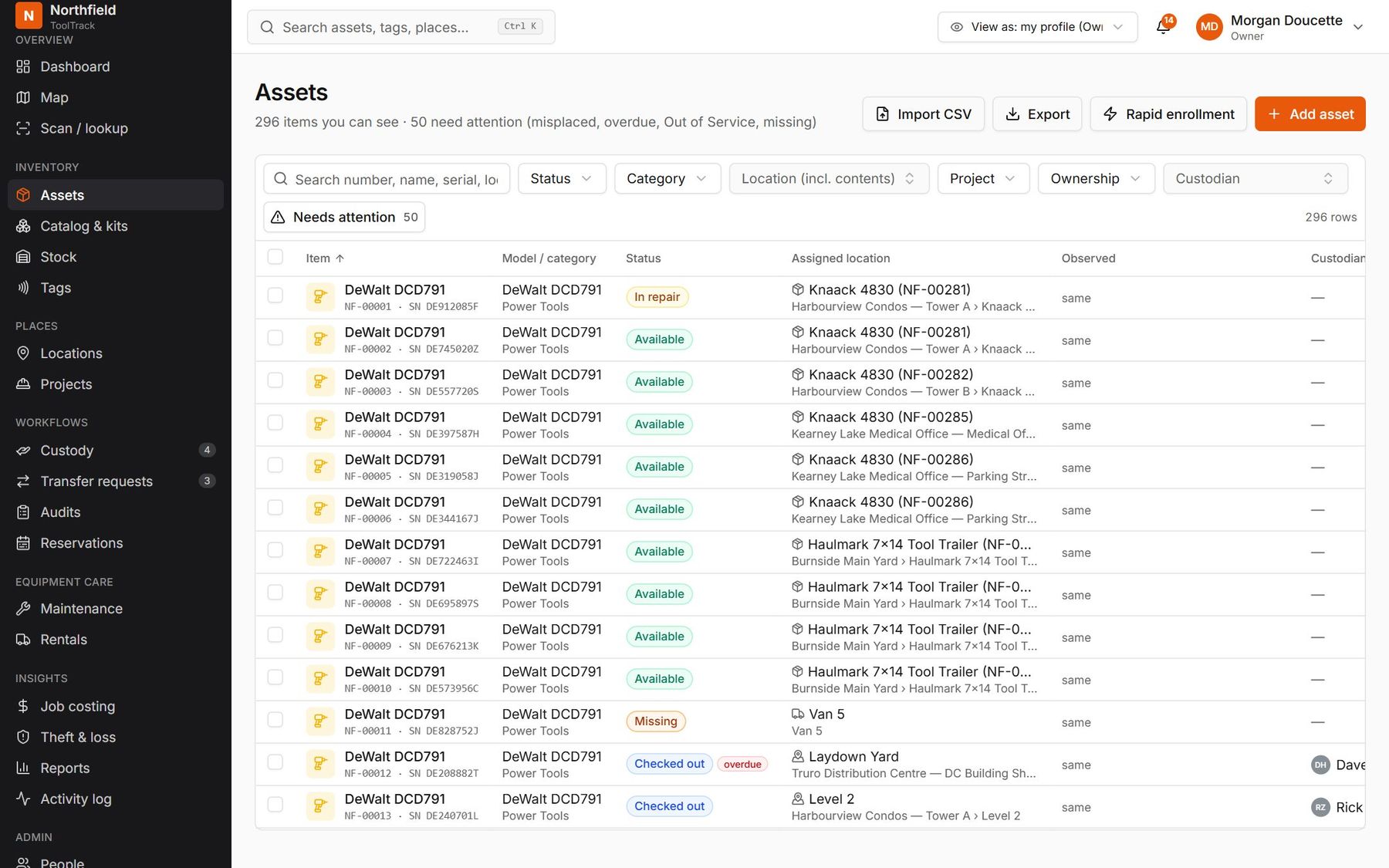 The Assets list: items with model, status, assigned location, observed location and custodian.