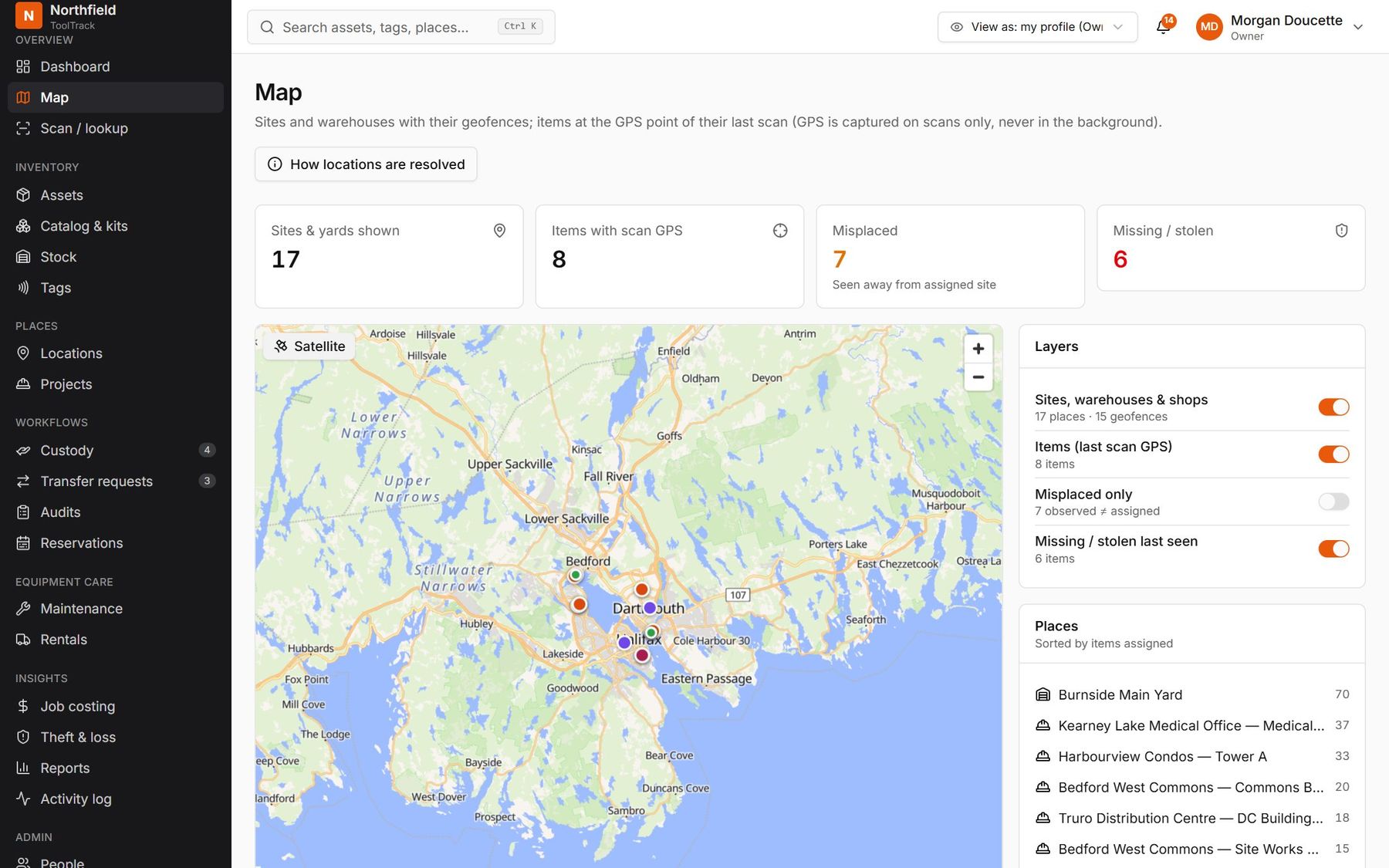 The ToolTrack map: sites and yards with geofences, items with scan GPS, misplaced and missing counts.