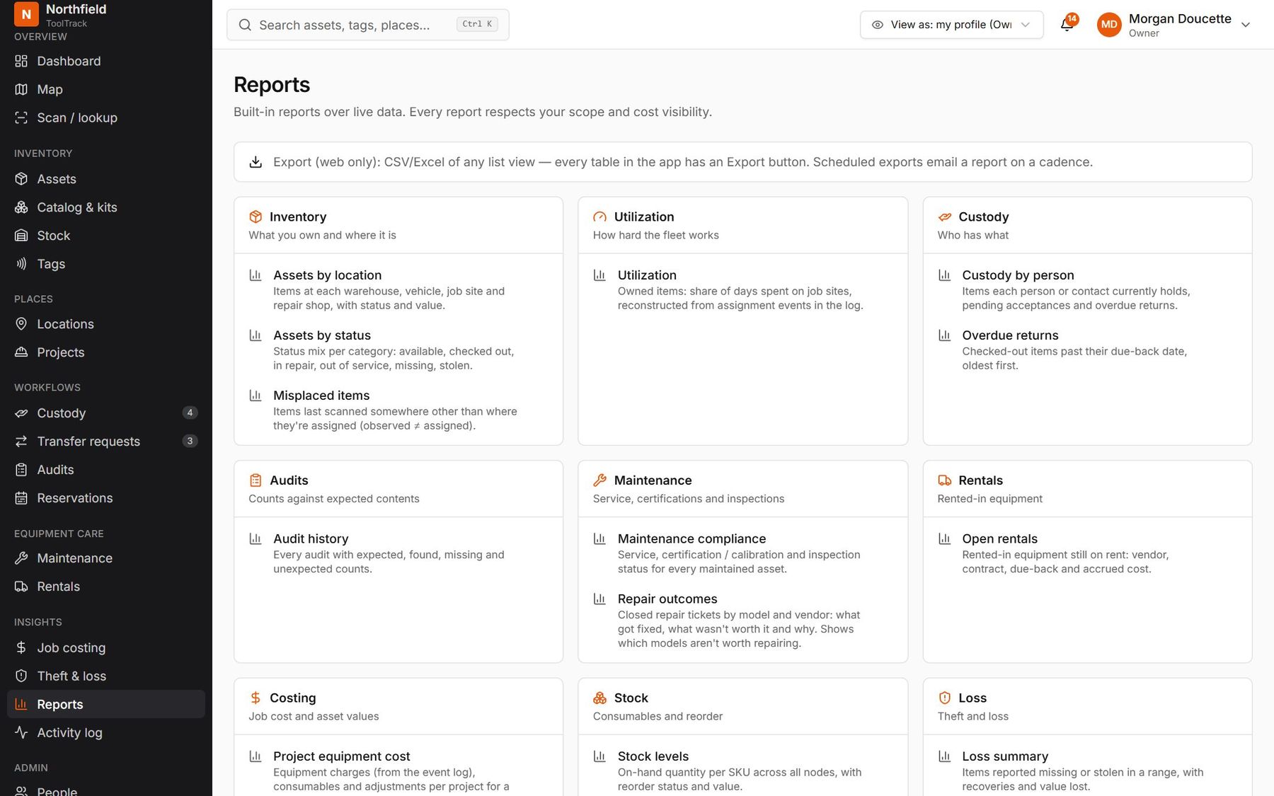 Reports: inventory, utilization, custody, audits, maintenance, rentals, costing, stock and loss reports.