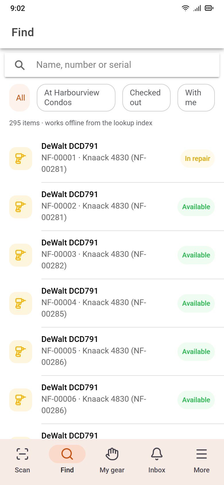 Find: search by name, number or serial, filtered to this site, checked out or with me.