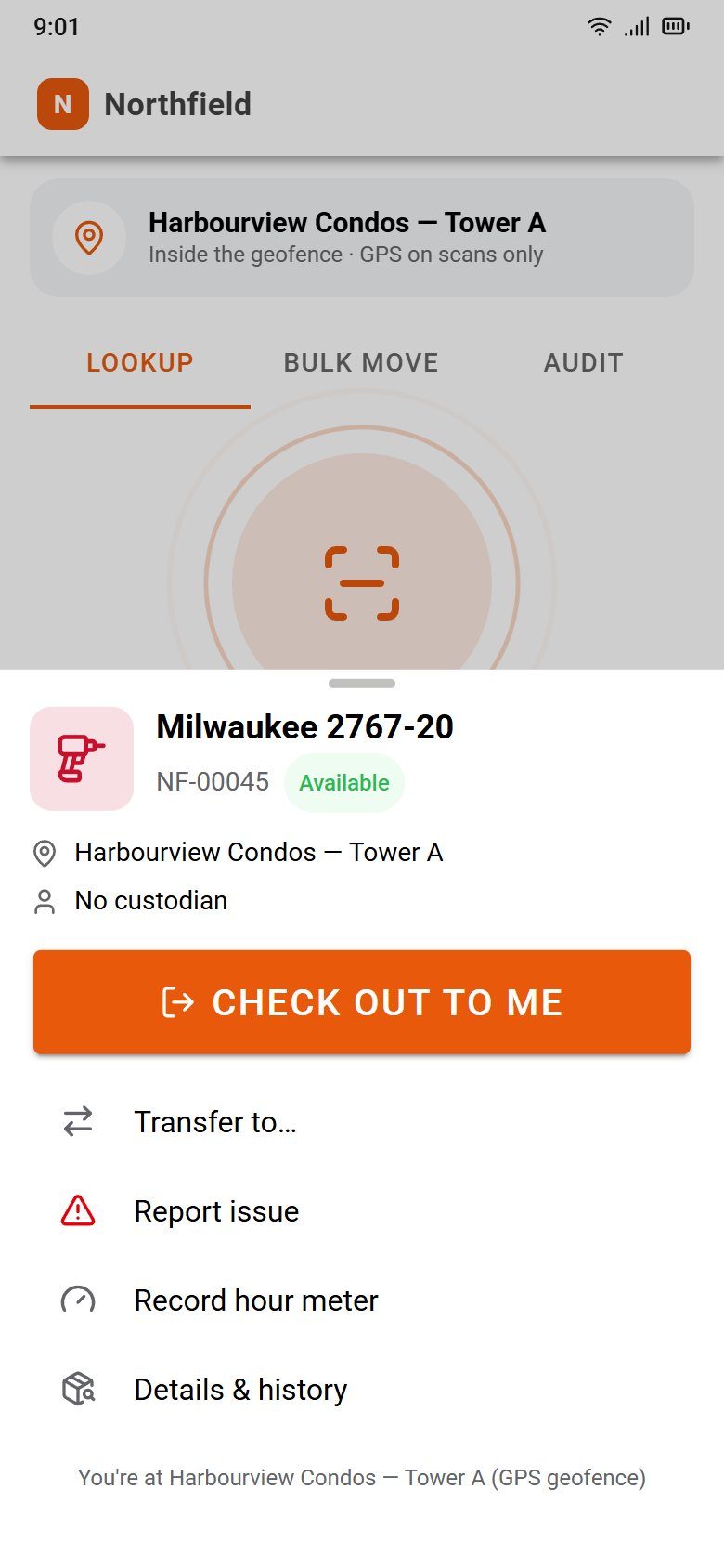 The phone app after tapping a tag: Milwaukee 2767-20, Available at Harbourview Condos Tower A, with a Check out to me button.