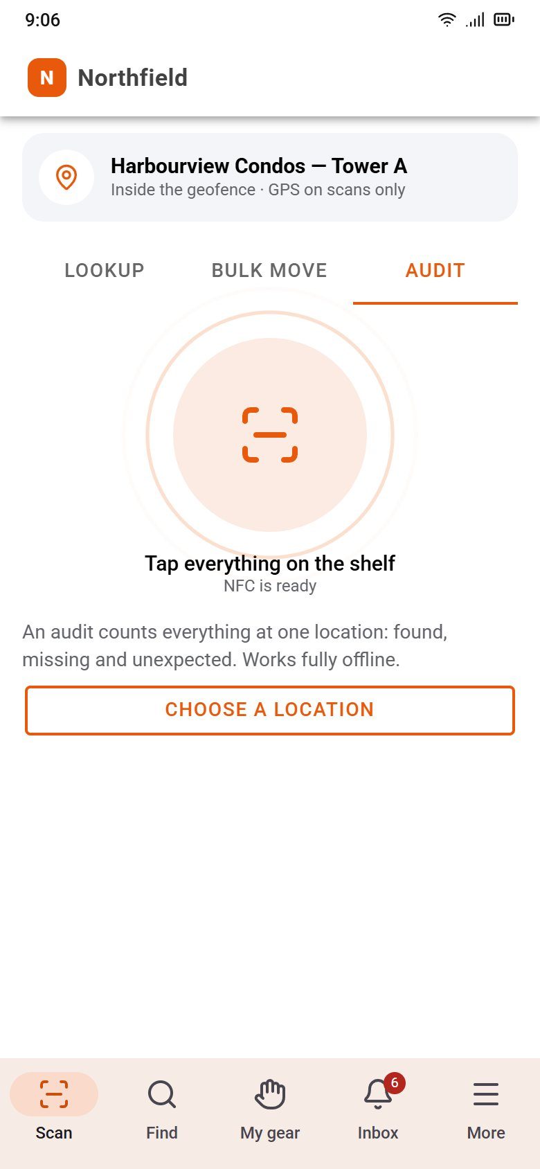Audit mode: tap everything on the shelf, choose a location to start.