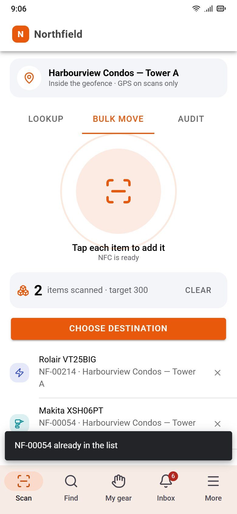 Bulk move: two items scanned toward a target of 300, with a Choose destination button.