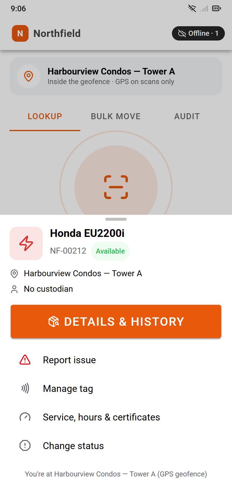 The phone app offline, with one scan queued and a Check in at Harbourview Condos button.