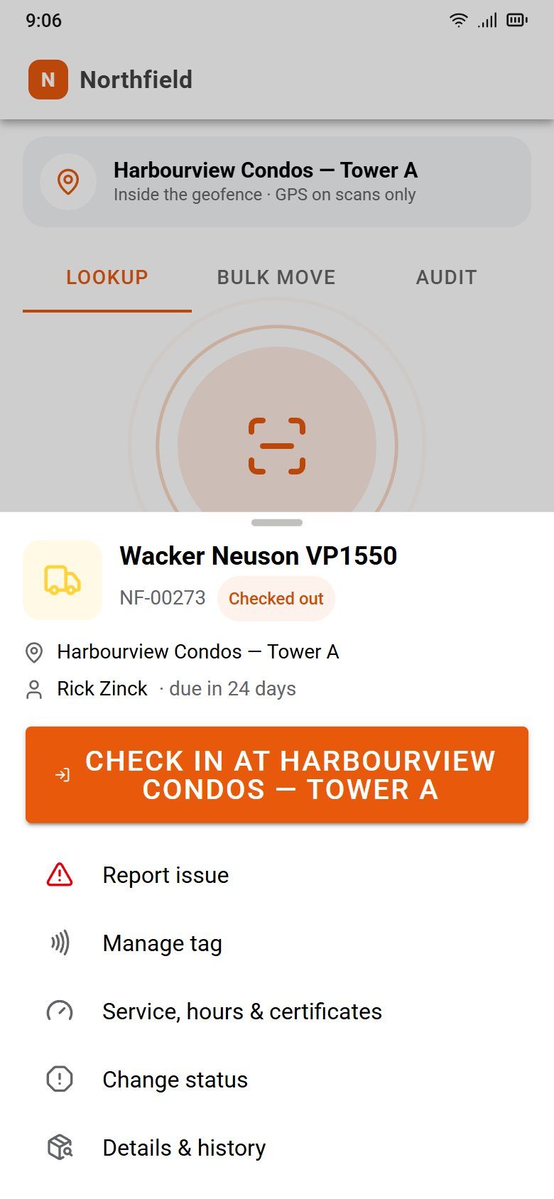 Lookup: a yard manager's view of a scanned tool, with Details and history, Report issue, Manage tag and Service actions.